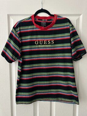 Guess Los Angeles Y2K Striped T Shirt Mens L Embroidered Logo Black Red Green